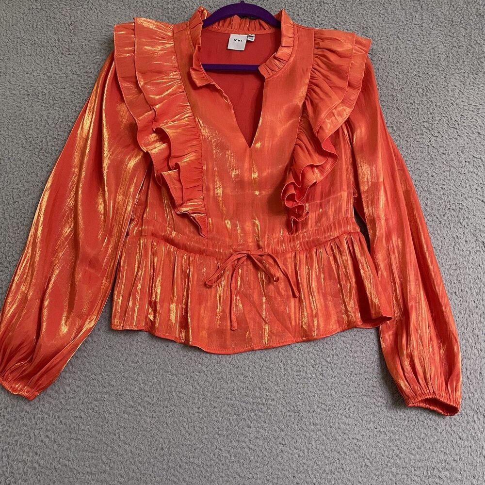 ICHI IXKAJA BLOUSE Shocking Orange Long Sleeve Women's EU 36 Small (4-6) Ruffles